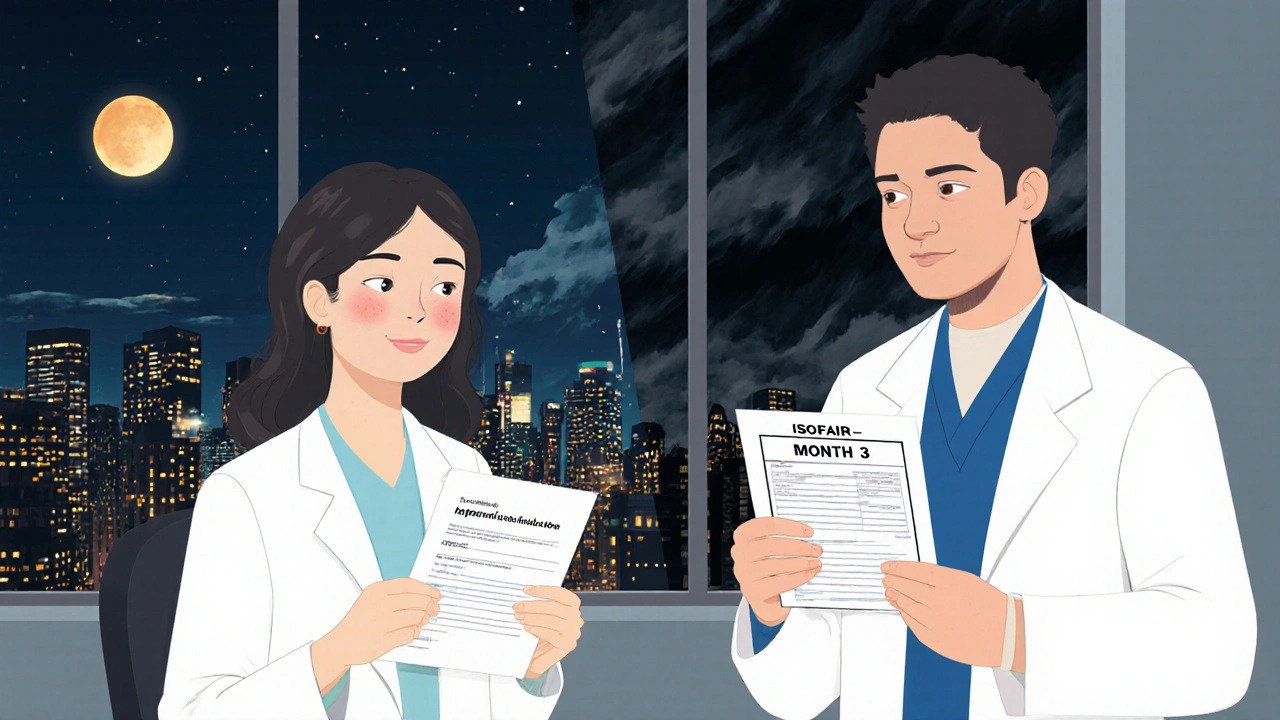 A woman and man in a dermatologist&#039;s office hold different acne prescriptions, city lights dividing their paths.