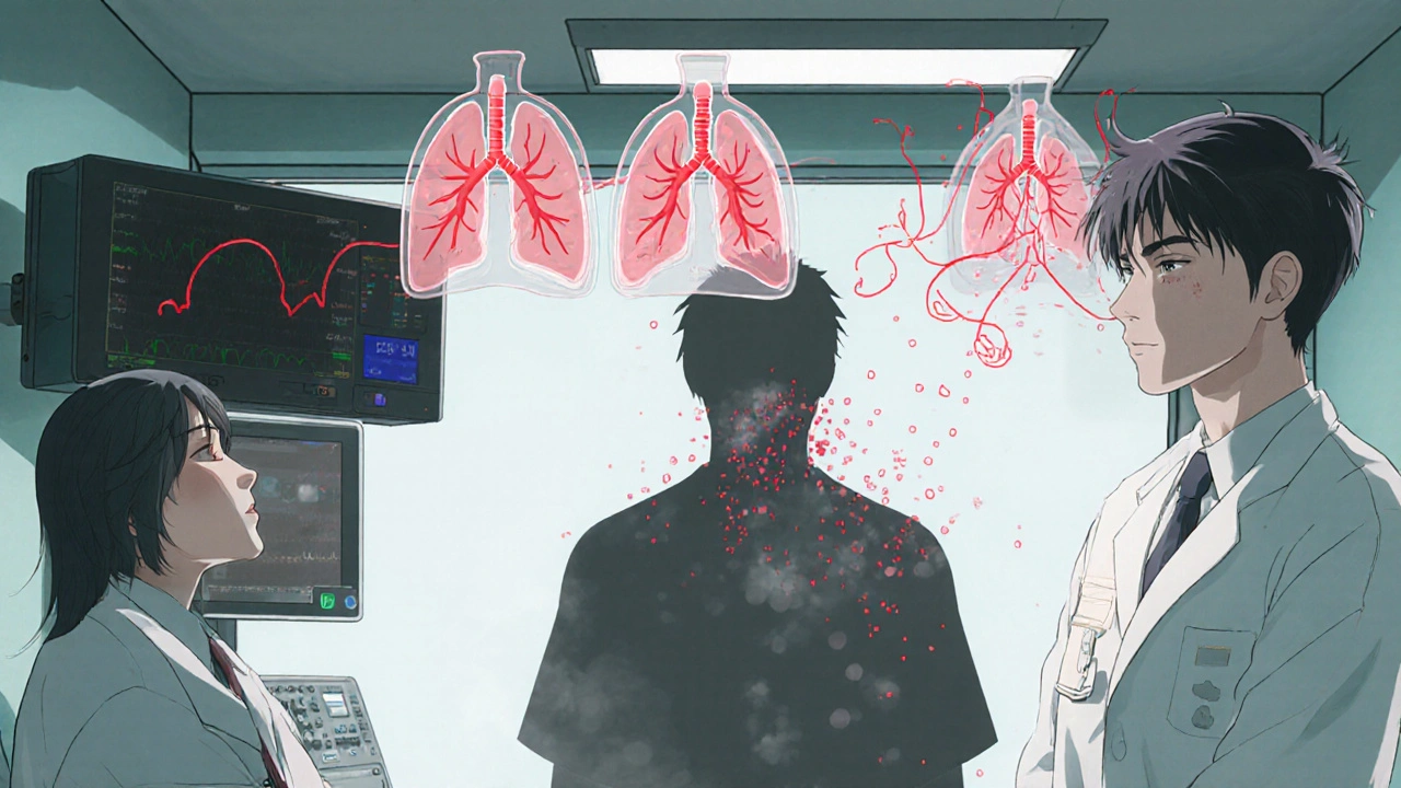 Doctor performing an aspirin challenge test in a hospital, with glowing airway models showing inflammatory reactions.