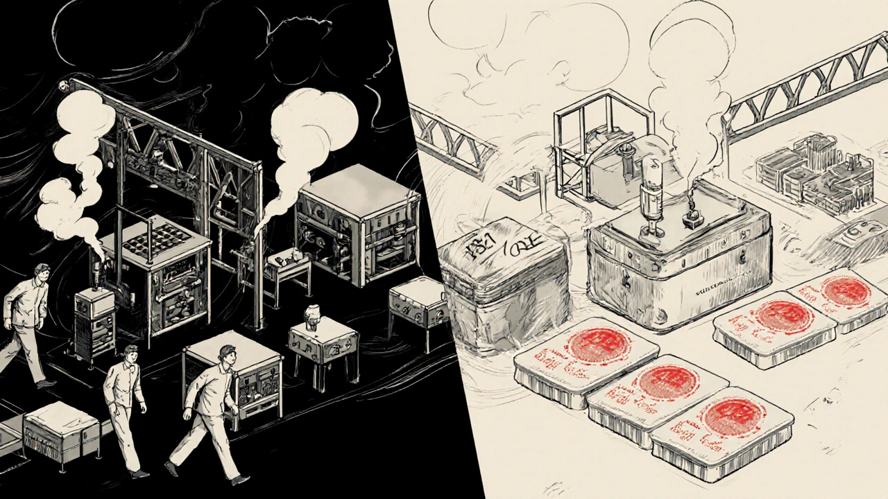 Factory assembly line producing identical pills for branded and unbranded packaging.