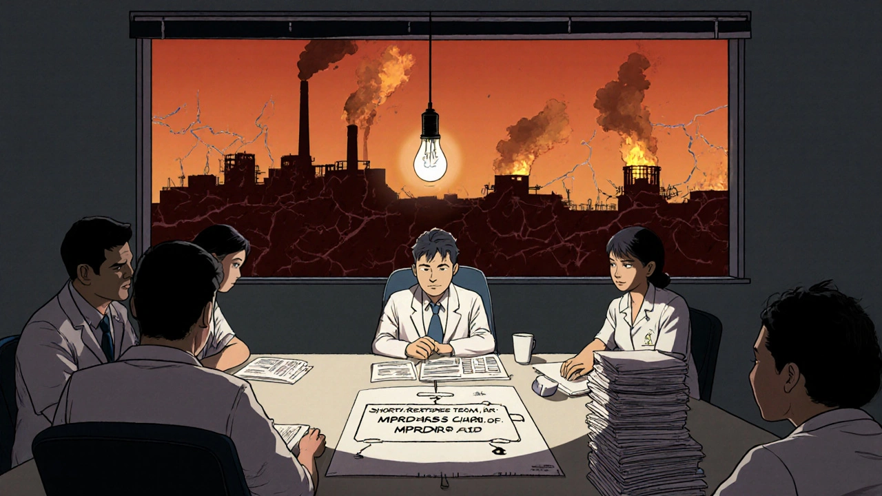 Hospital administrator reviewing shortage response team chart under single light, factory burning in distant sky.