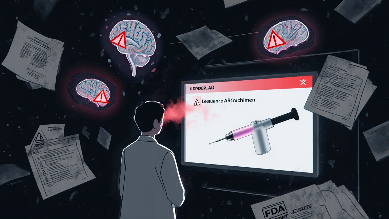 Medical lab with floating brain scans and safety alerts, doctor facing a nasal drug device.