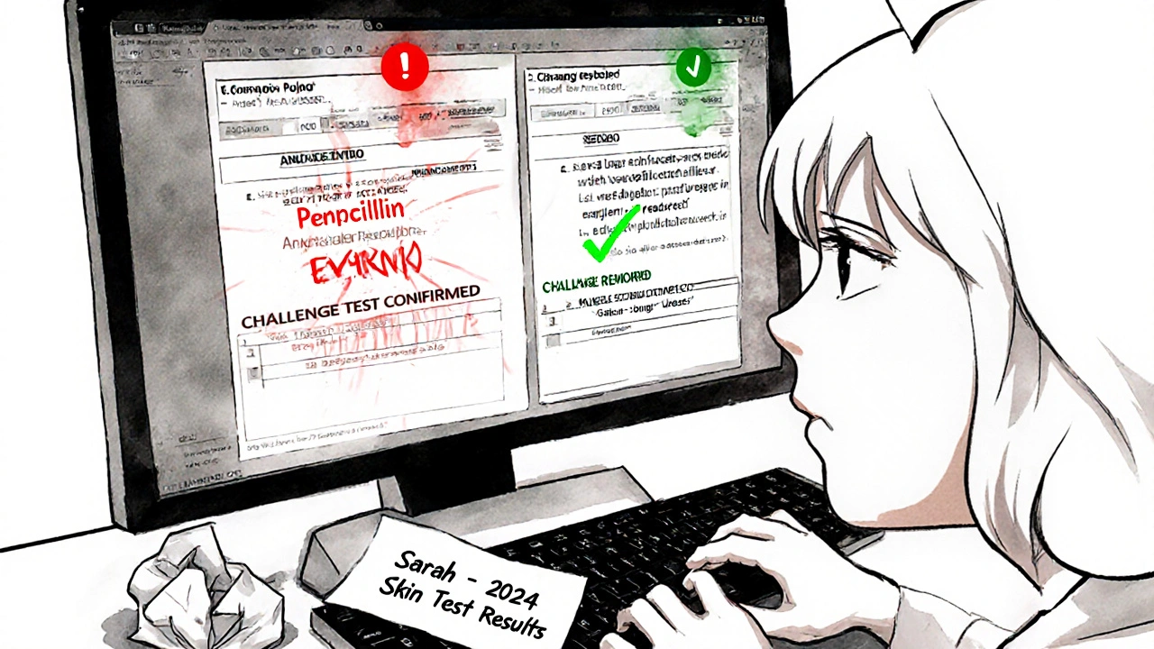 Nurse correcting an outdated allergy record on a hospital EHR system with conflicting data on screen.