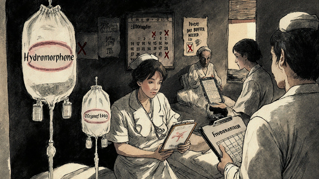 Nurses rushing with alternative IV meds in hospital ward, one patient’s monitor beeping, dosing chart in hand.