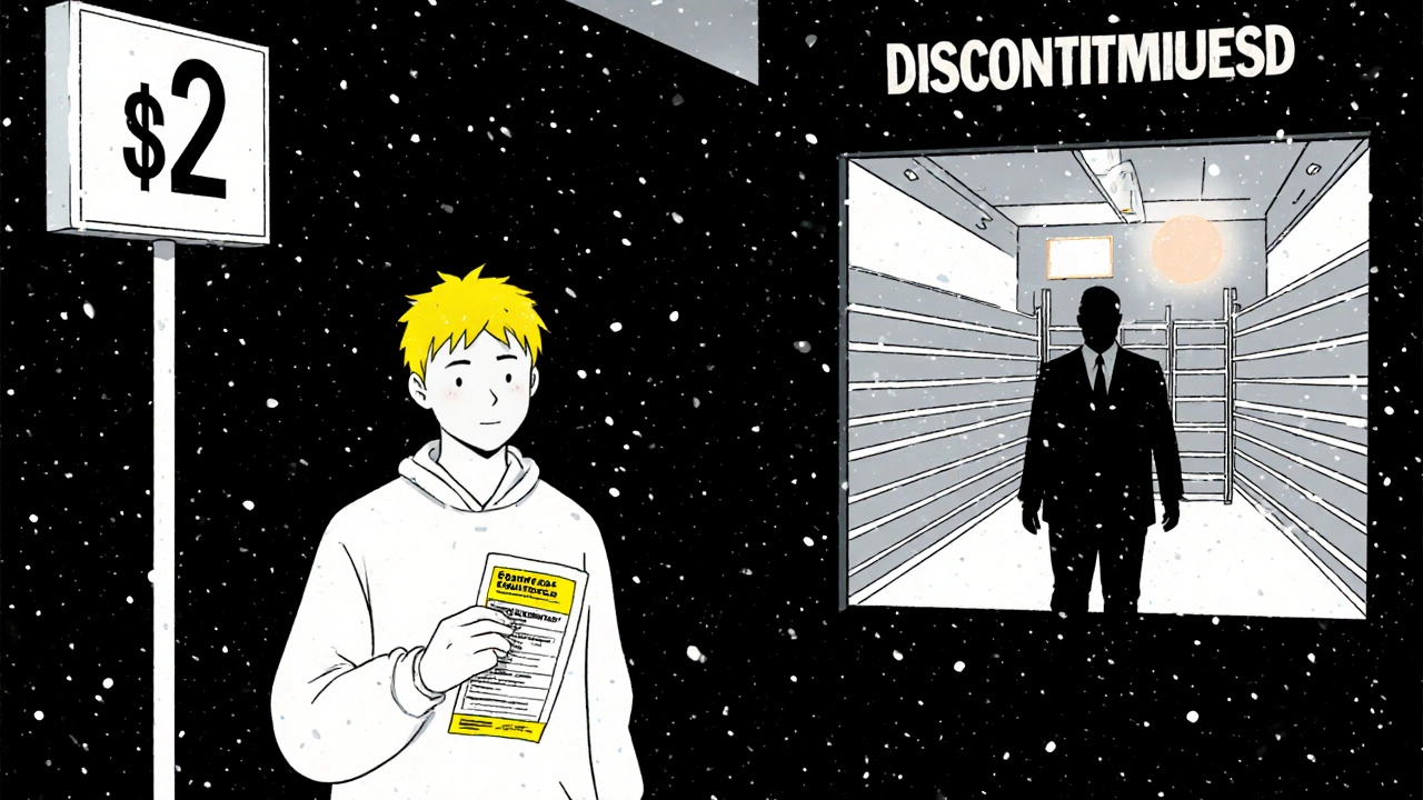 Patient holds  generic prescription as warehouse closes behind them.