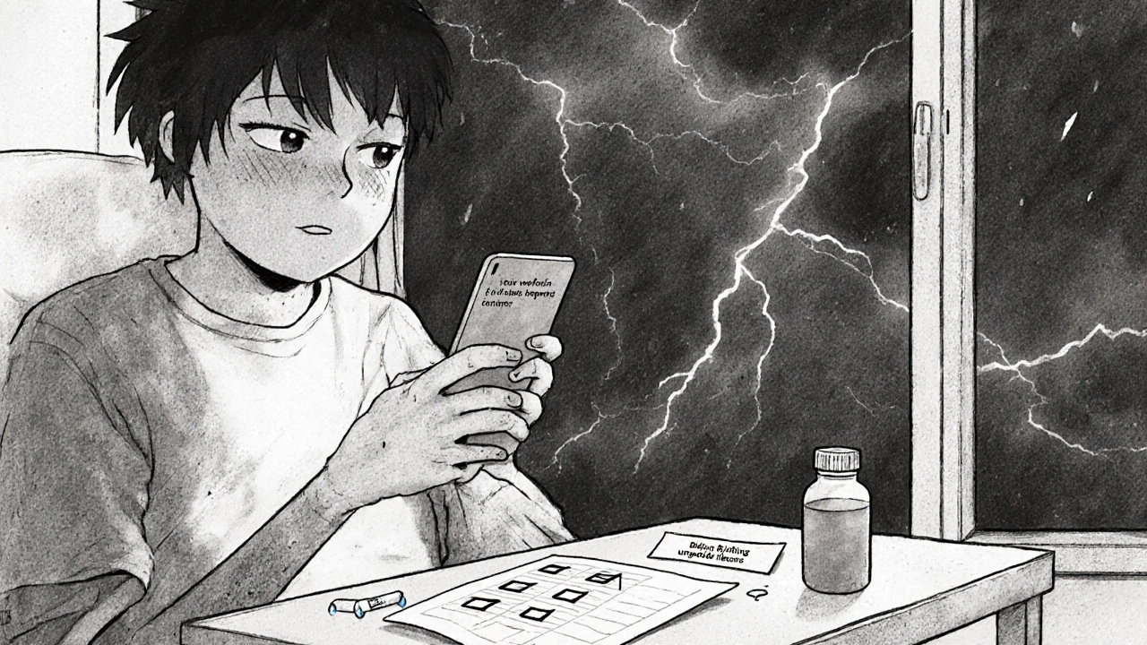 Patient in dim room with text message about delayed warfarin and unshipped billing checklist.