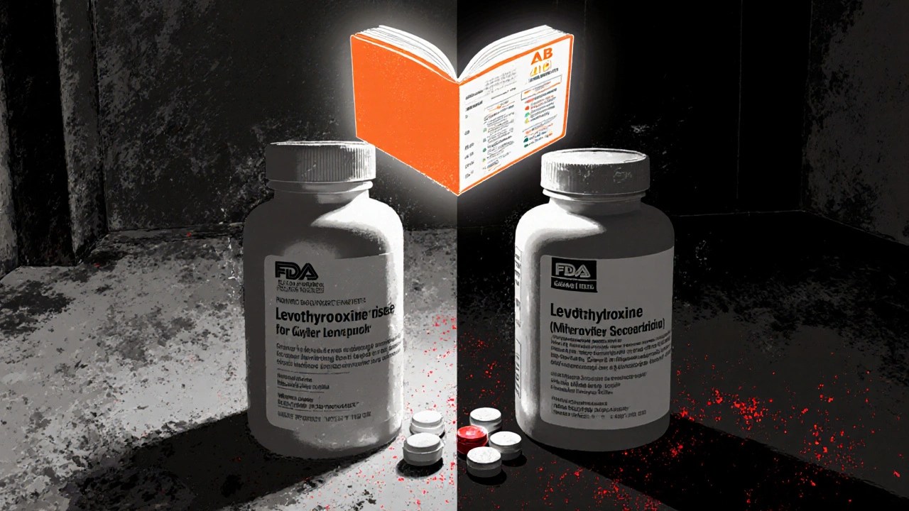 Patient taking thyroid medication from two different generic bottles with visual differences shown in Gekiga style.
