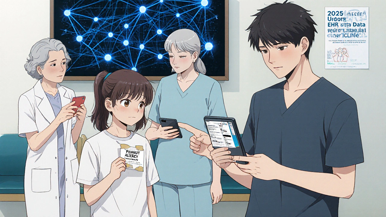 Patients in a clinic sharing updated allergy information on smartphones, one holding a peanut allergy card.