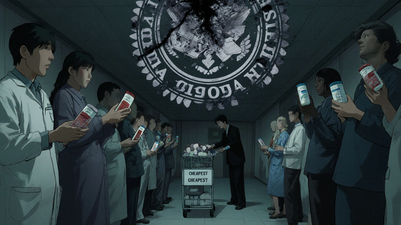 Patients in a hospital corridor receiving different generic pills from a shadowy pharmacist, with a crumbling FDA seal above.