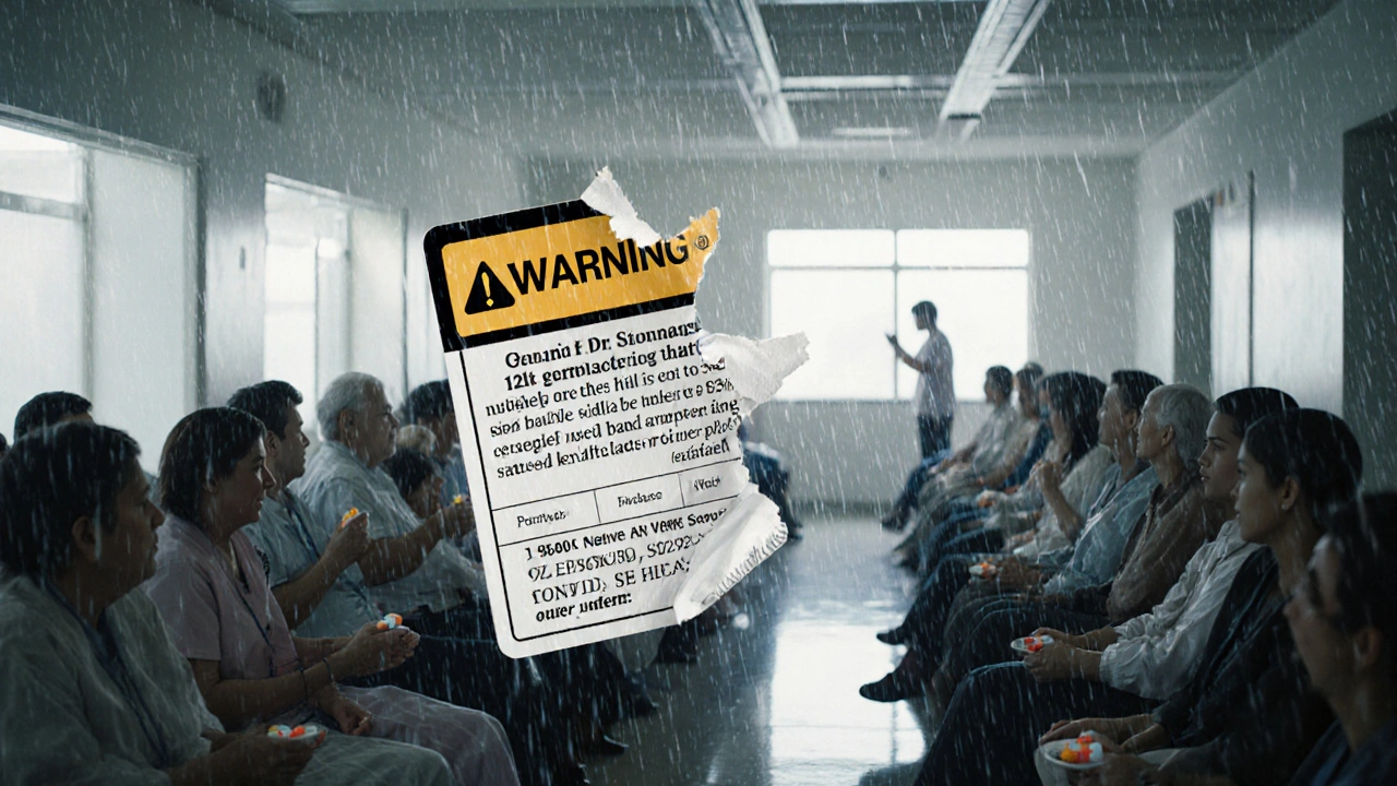 Patients in a hospital waiting room hold generic medications beneath a fractured holographic safety warning that shows outdated and current text.