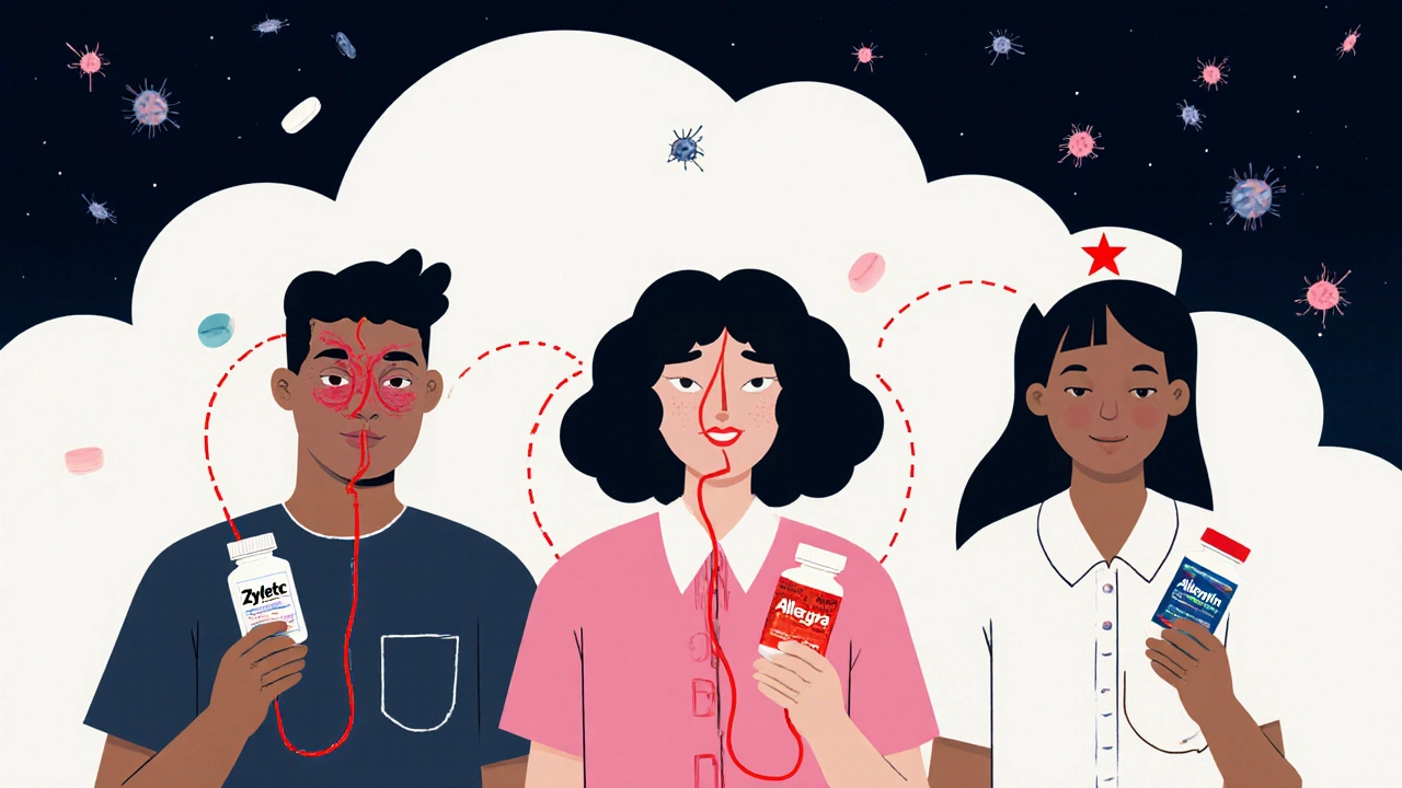 People holding antihistamines with internal pathways showing brain impact, against a pollen-filled sky.