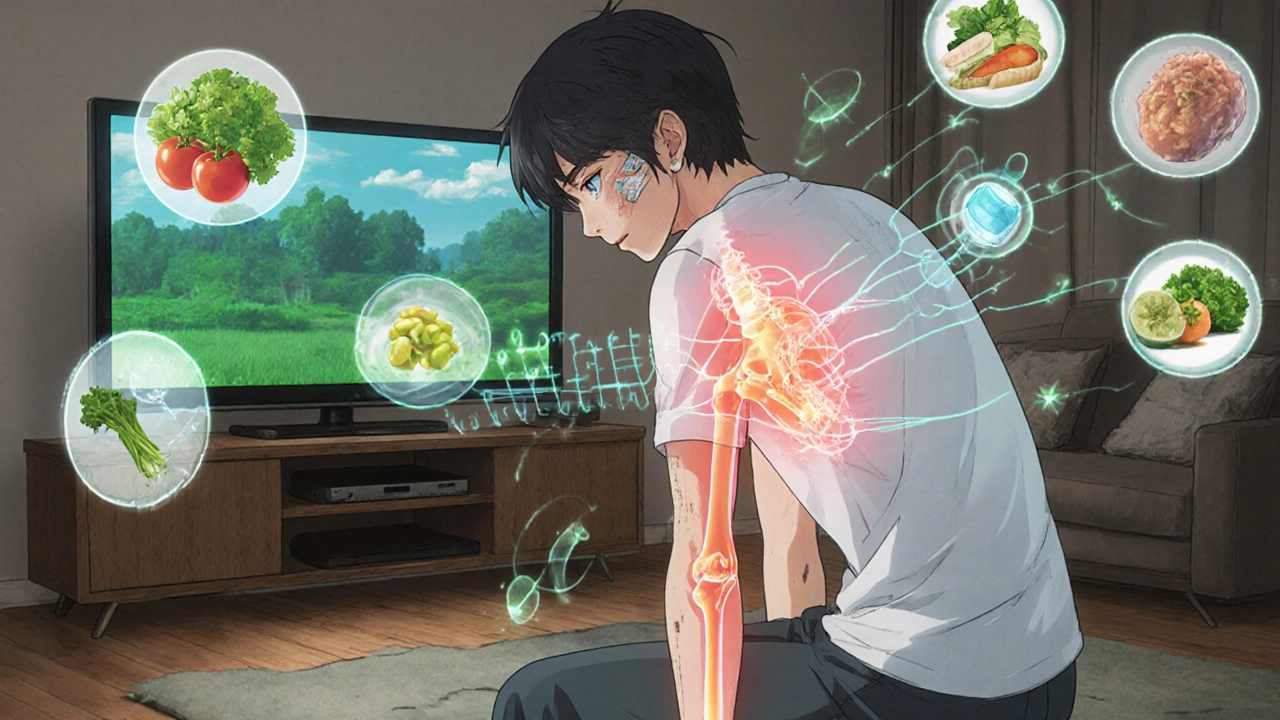 Person doing glute bridge at home, transparent hip joint showing reduced pressure, healthy foods nearby.