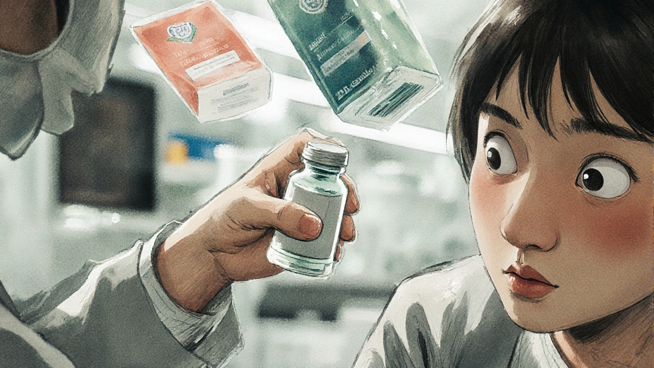 Pharmacist handing a plain medication bottle to a surprised patient.