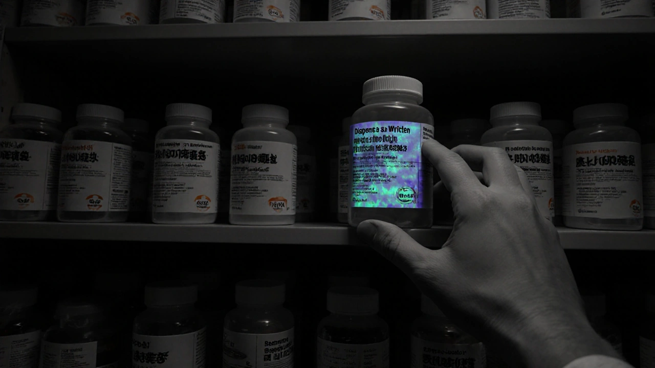 Pharmacy shelf with many generic drug bottles, one labeled &#039;Dispense as Written&#039; highlighted in dramatic shadows.