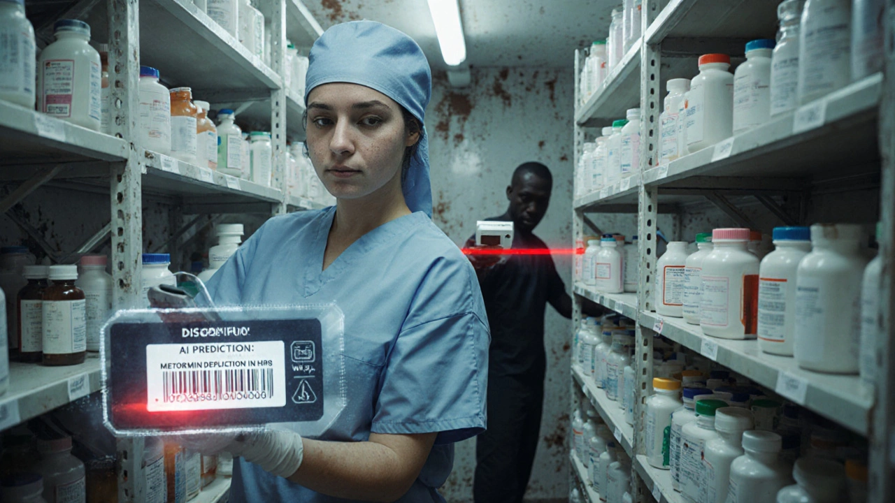 Pharmacy storage room with FIFO stock and AI prediction alert blocking discontinued drug.