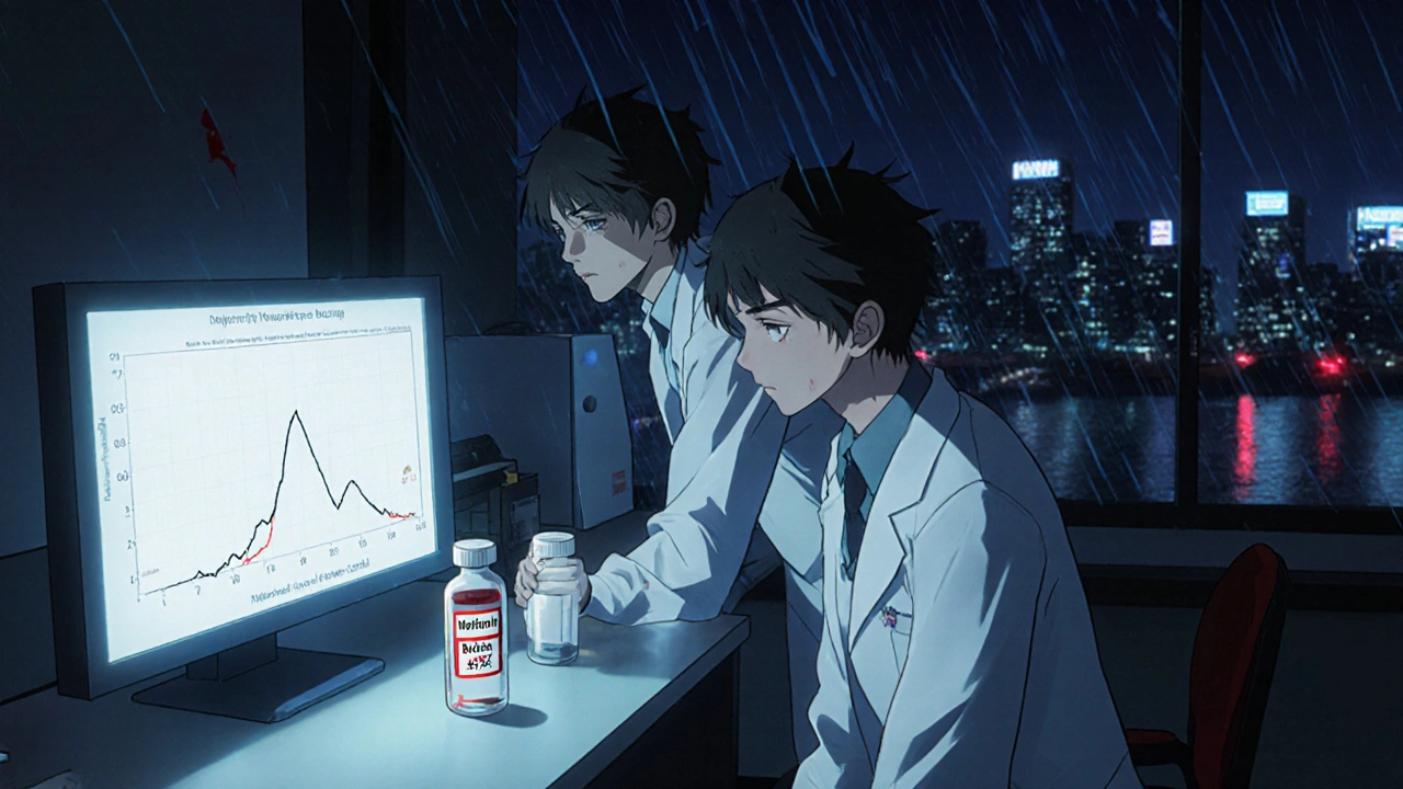 Scientists examine nitrosamine readings on a lab machine under dim night light.