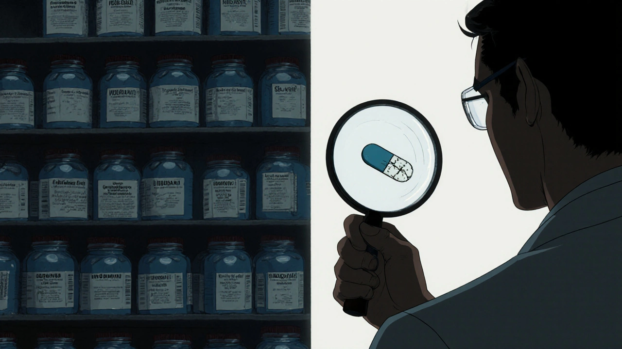 Shelf of generic ED pills with one counterfeit pill cracked open, revealing fake insides under magnifying glass.
