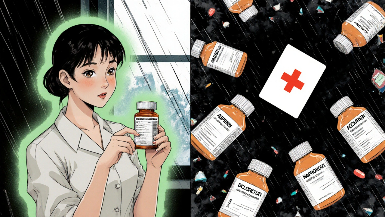 Split image: safe acetaminophen on one side, exploding NSAID pills on the other, with medical alert card in center.