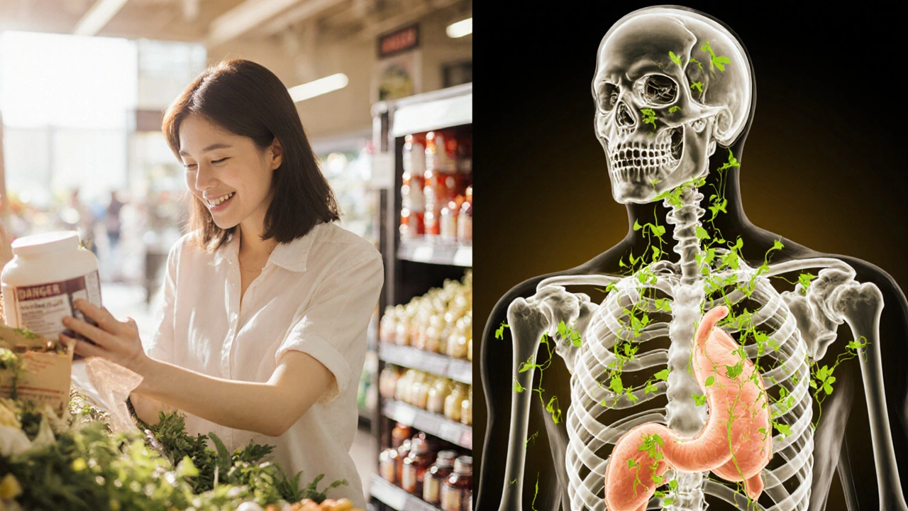 Split image: woman buying herbal supplement on one side, internal toxic overload on the other.