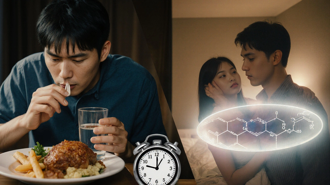 Split scene: man taking pill with food, then later in intimate lighting with partner, symbolic chemical glow.