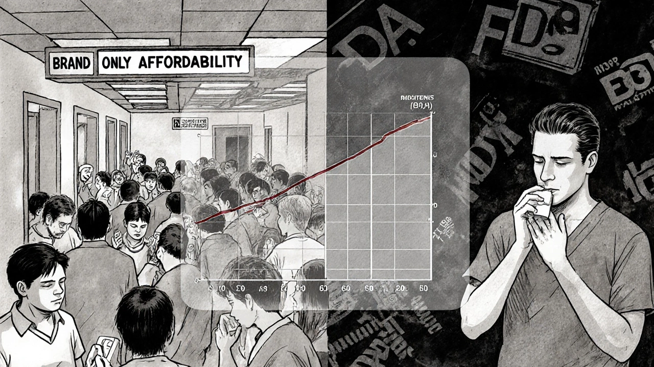 Split scene: patients in ER due to skipped doses vs. healthy at home taking generics, with fading brand logos.