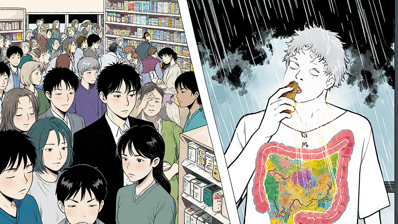 Split scene: people taking unnecessary antibiotics vs. one person swallowing a capsule that restores gut health.