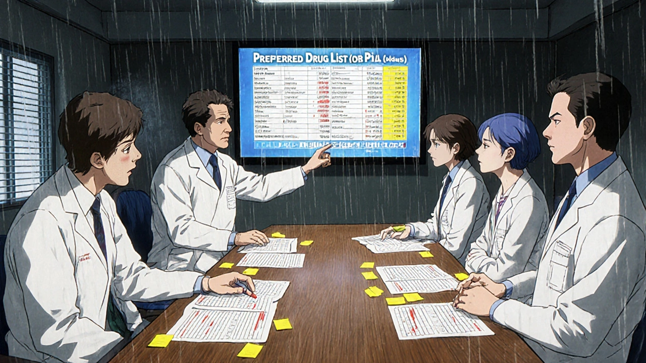 State committee reviews Preferred Drug List with annotations and digital updates.