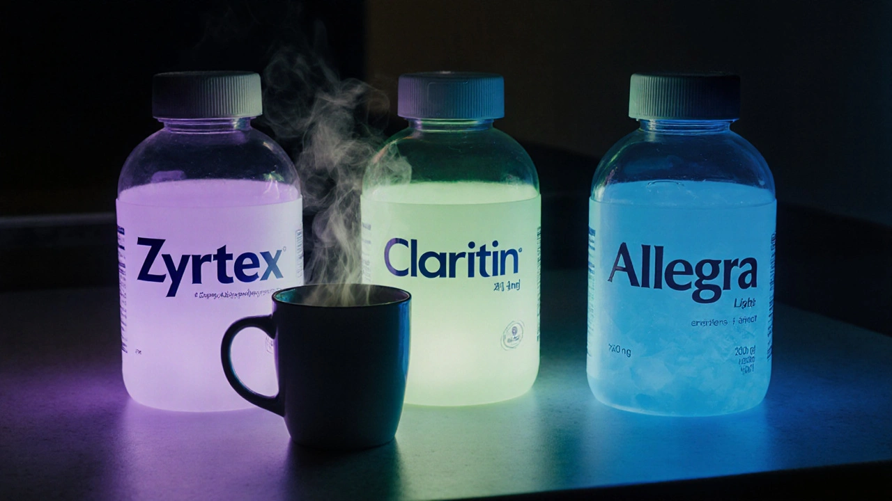 Three allergy medicine bottles on a counter at dawn, each glowing with different effects.
