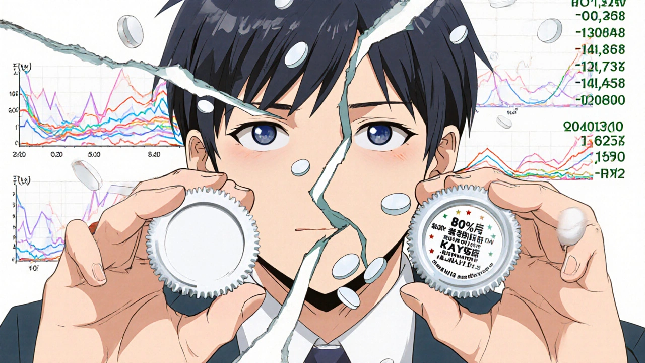 Two identical pills side by side—one clean, one smudged—with a patient&#039;s anxious face reflected in a fractured mirror and warning data floating around them.