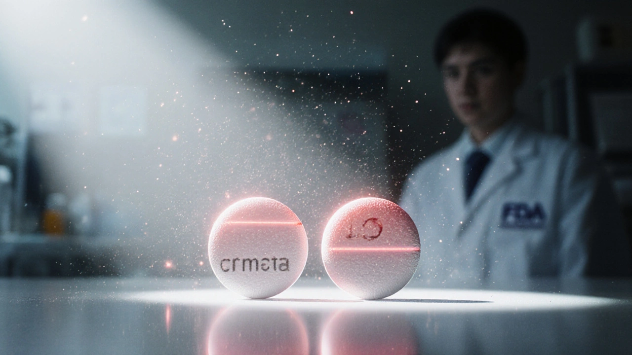 Two identical pills side by side with glowing red outlines highlighting different inactive ingredients under lab lighting.