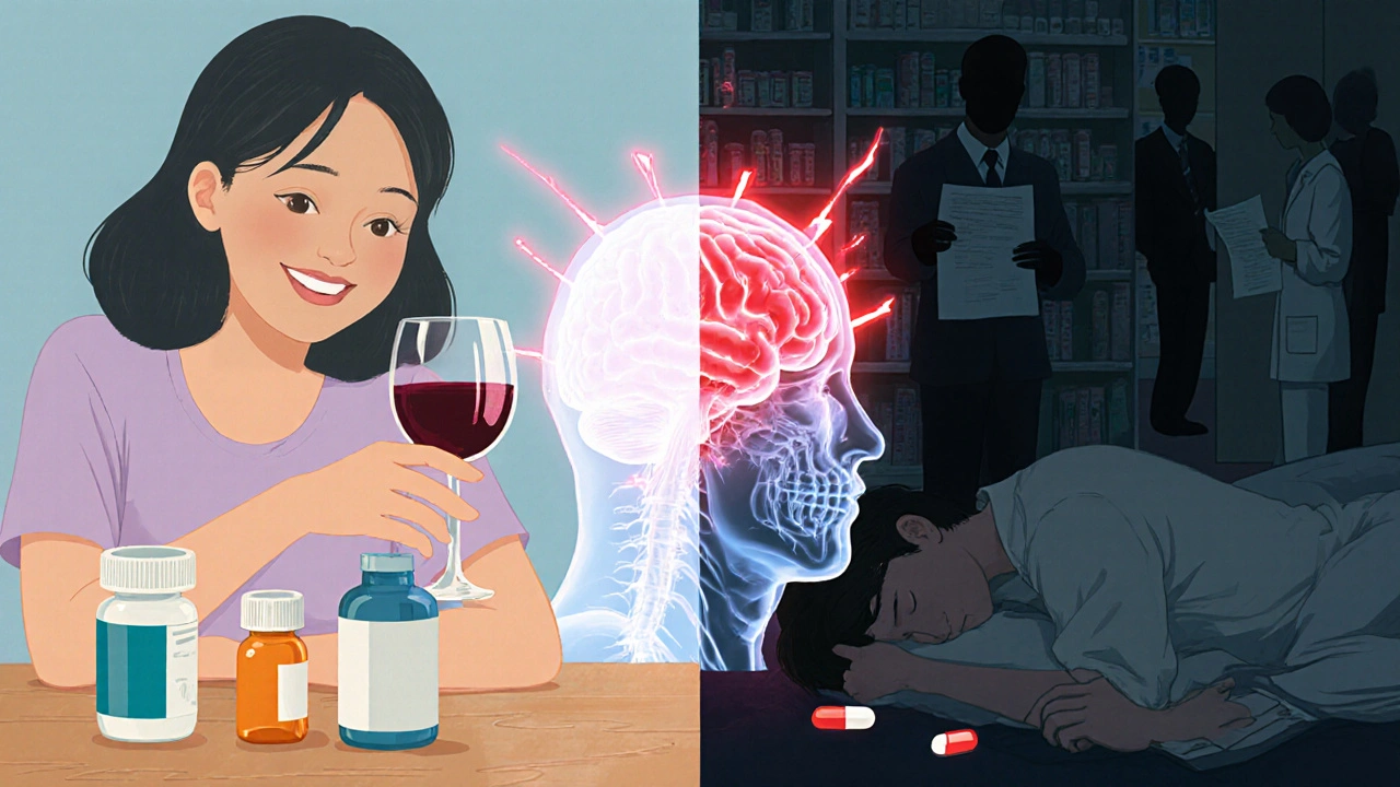Woman drinking wine beside pills, then unconscious on floor, with ghostly brain image showing chemical overload.