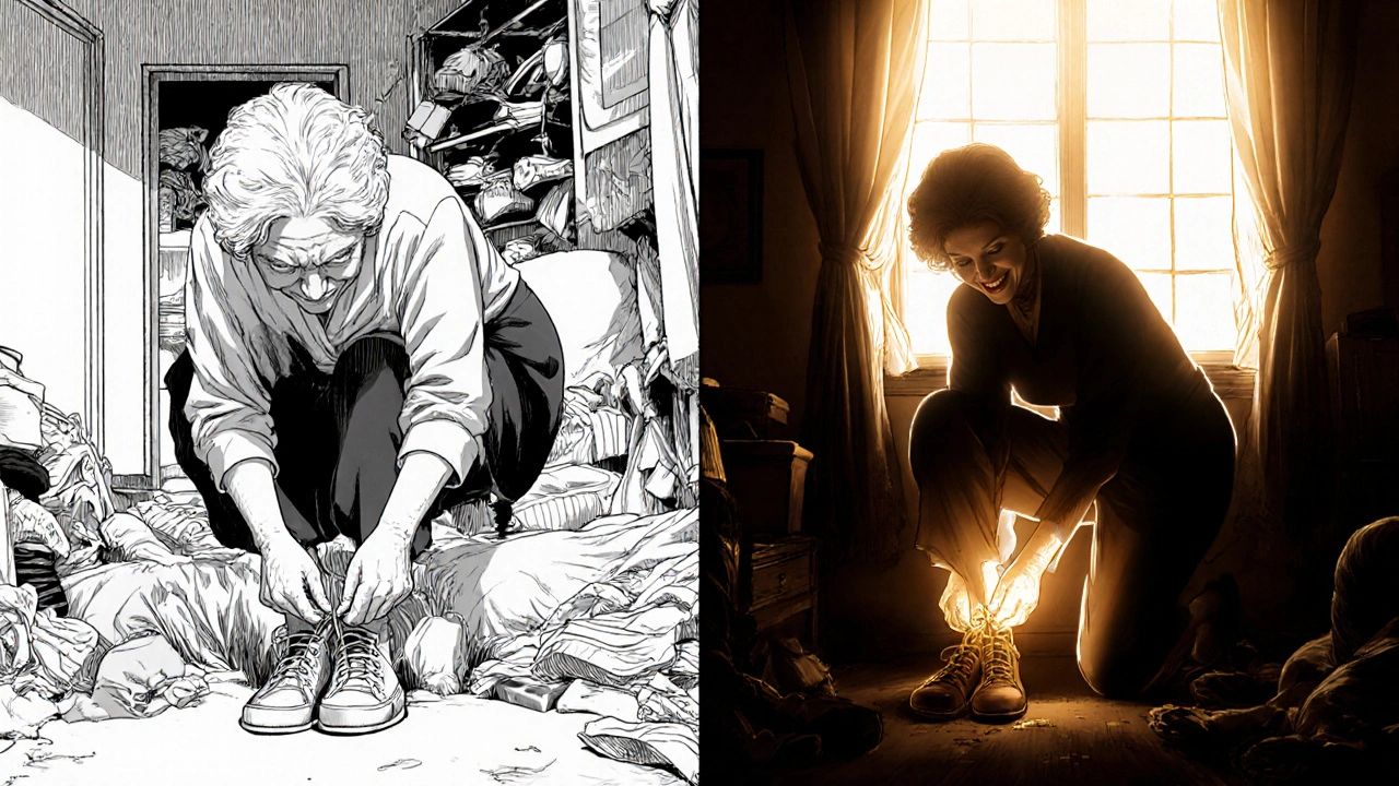 Woman successfully tying her shoes after weight loss, contrasted with her past struggle.