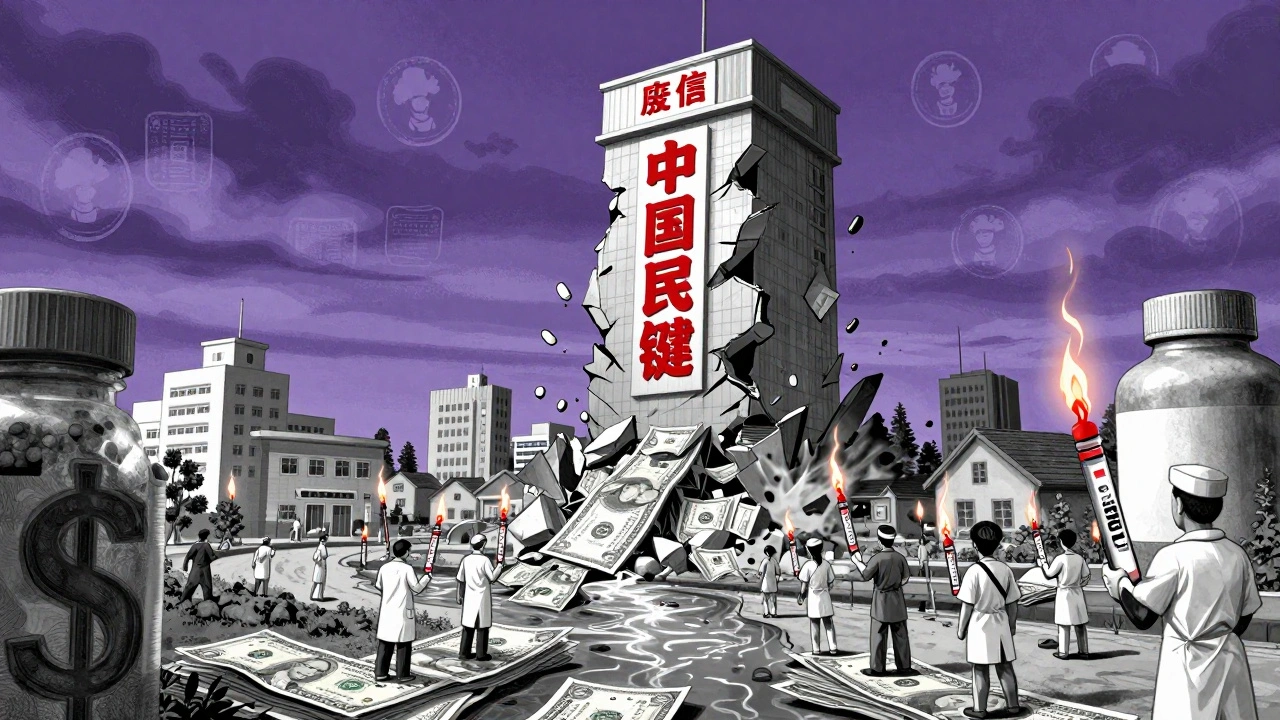 A collapsing brand-name drug tower pouring money into hospitals and homes, with biosimilar vials carried forward like torches.