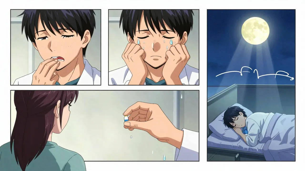 A doctor giving a pill to a patient, with three panels showing side effects and sleep improvement in stylized manga panels.