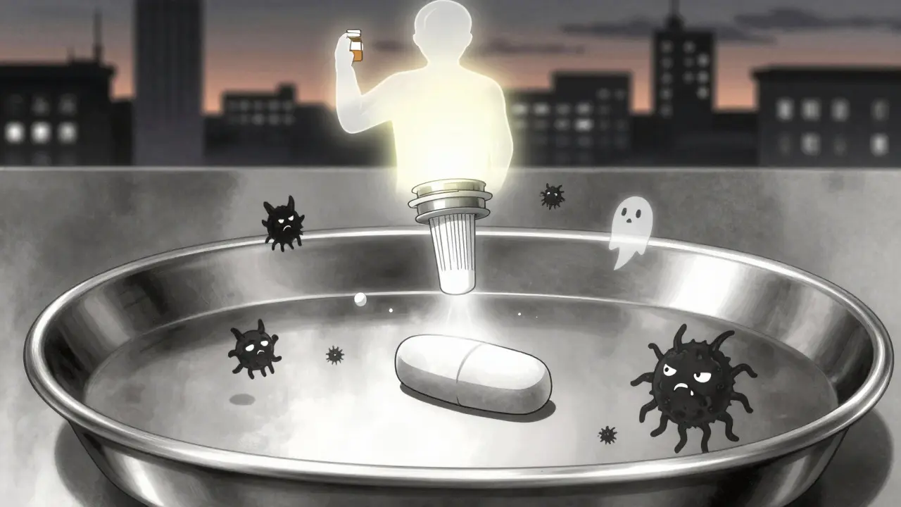 A generic pill surrounded by microscopic contaminants being filtered out, with a patient's silhouette glowing above.