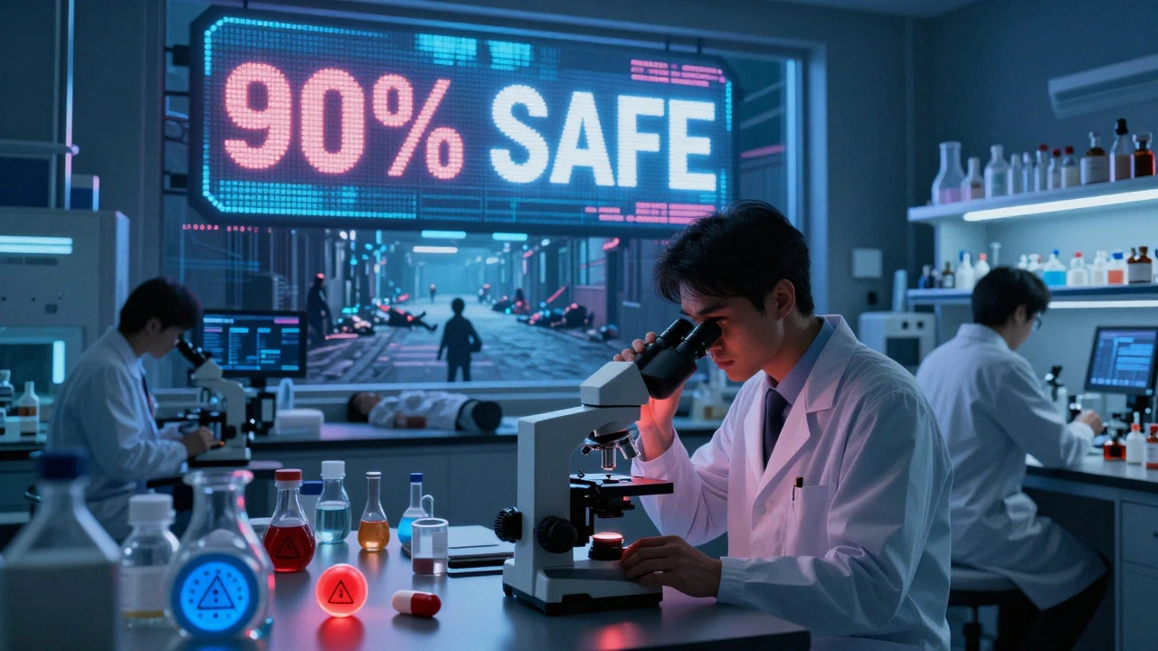 A high-tech FDA lab at night, with one unstable pill glowing red as patients fade in the background.