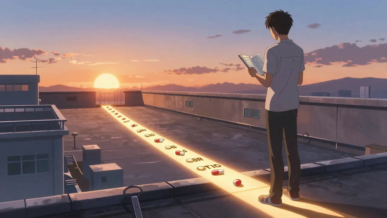 A man on a rooftop with a symptom journal, following a path of pills representing slow dose increases.