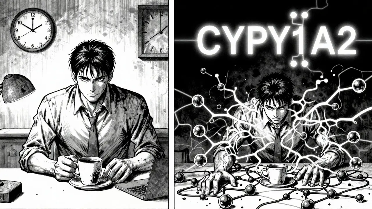 A man stopping coffee at 2 p.m. versus struggling to sleep at night, with a genetic diagram glowing in the background.