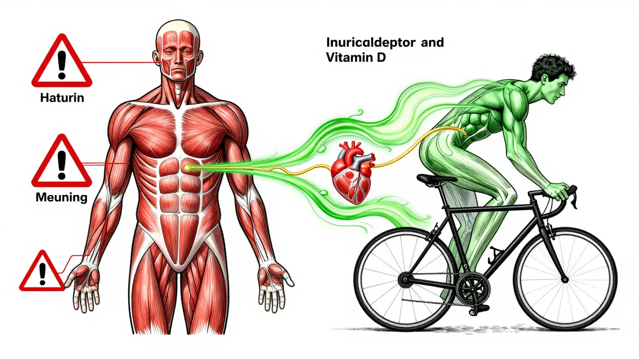 A medical illustration merging statin risks with protective exercise and nutrition, showing biological balance.