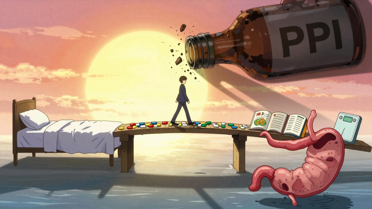 A person crossing a bridge from pills to healthy habits as PPIs dissolve in the dawn light.