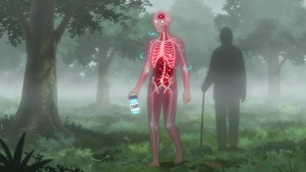 A person walking through fog, their nervous system glowing with calming blue waves as pain fades behind them.