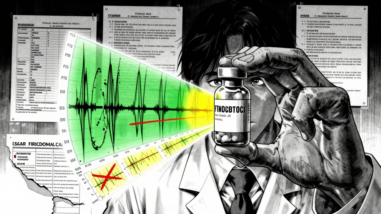 A scientist compares generic and brand drug samples as overlapping scientific data streams flicker, one graph crossed out in red ink.