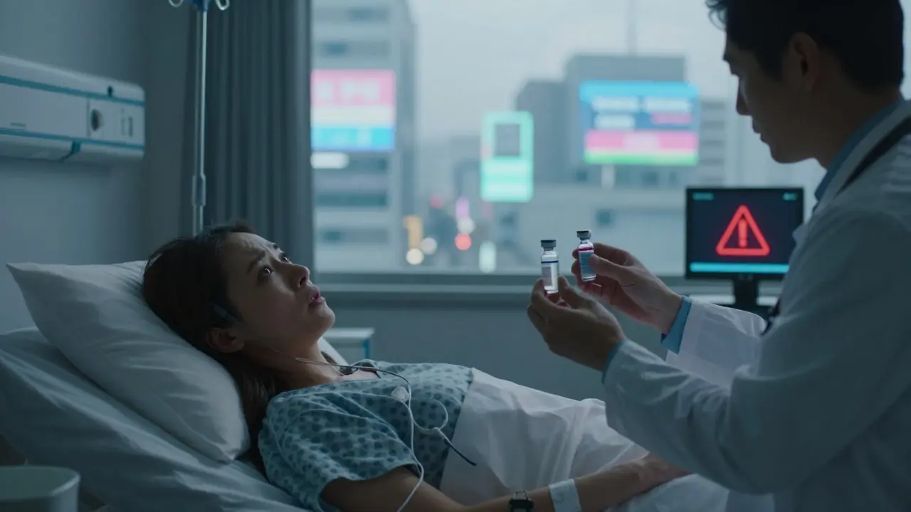 A sick patient in a hospital stares at two insulin vials, one real and one fake, projected on the wall.