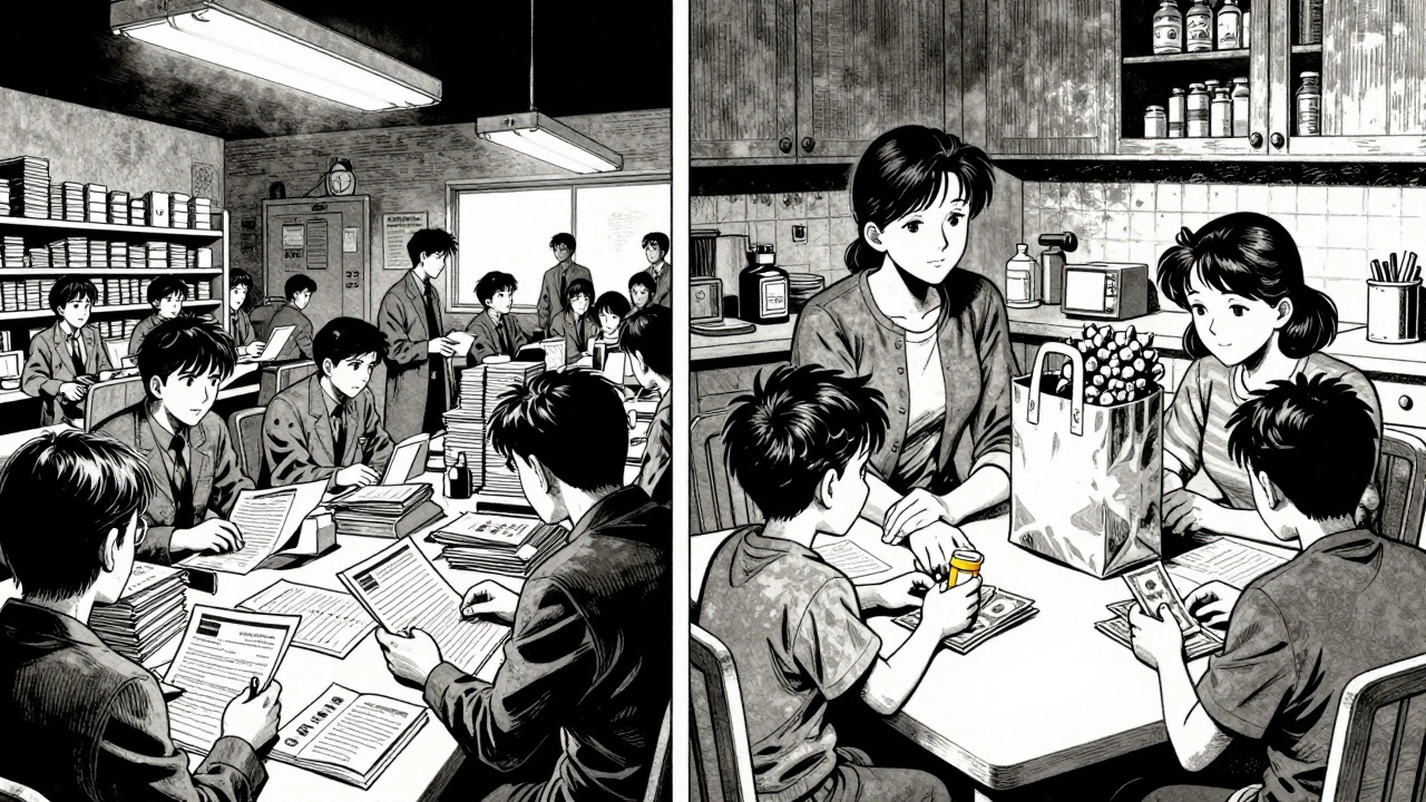 A split scene: FDA analysts reviewing drug applications on one side, a family counting money with a prescription bottle on the other.