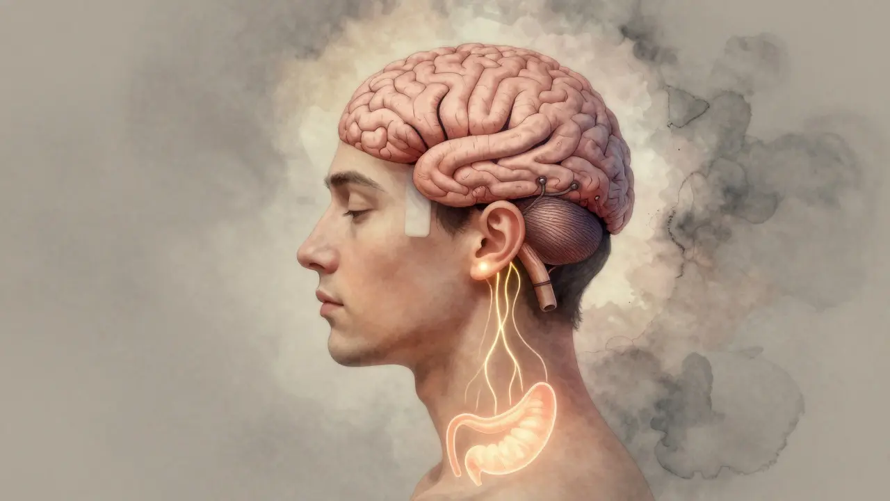 A wearable device behind the ear sending calming signals to the gut, representing vagus nerve therapy.