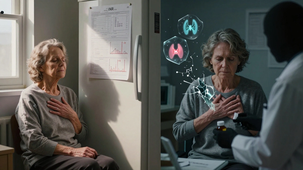 A woman divided between calm stability and distress, with medical data crumbling around her.