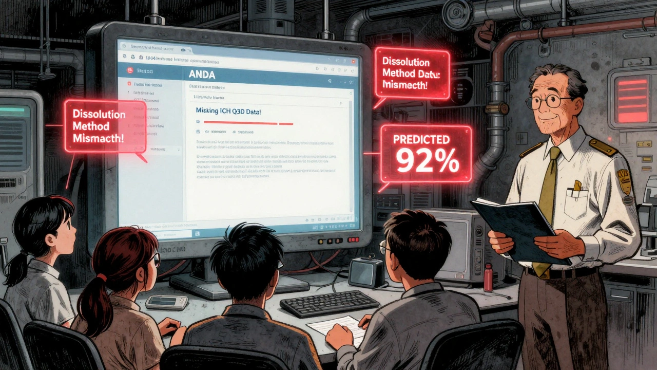 An AI system flags errors in a digital drug application while a startup team watches in alarm, with a seasoned regulator nearby.