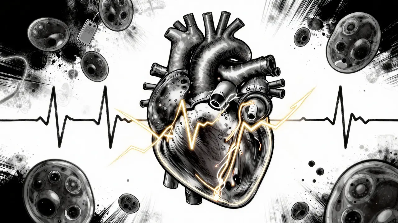 An implanted ICD delivering a life-saving shock to restore normal heart rhythm, with electric pulses rippling through cardiac tissue.