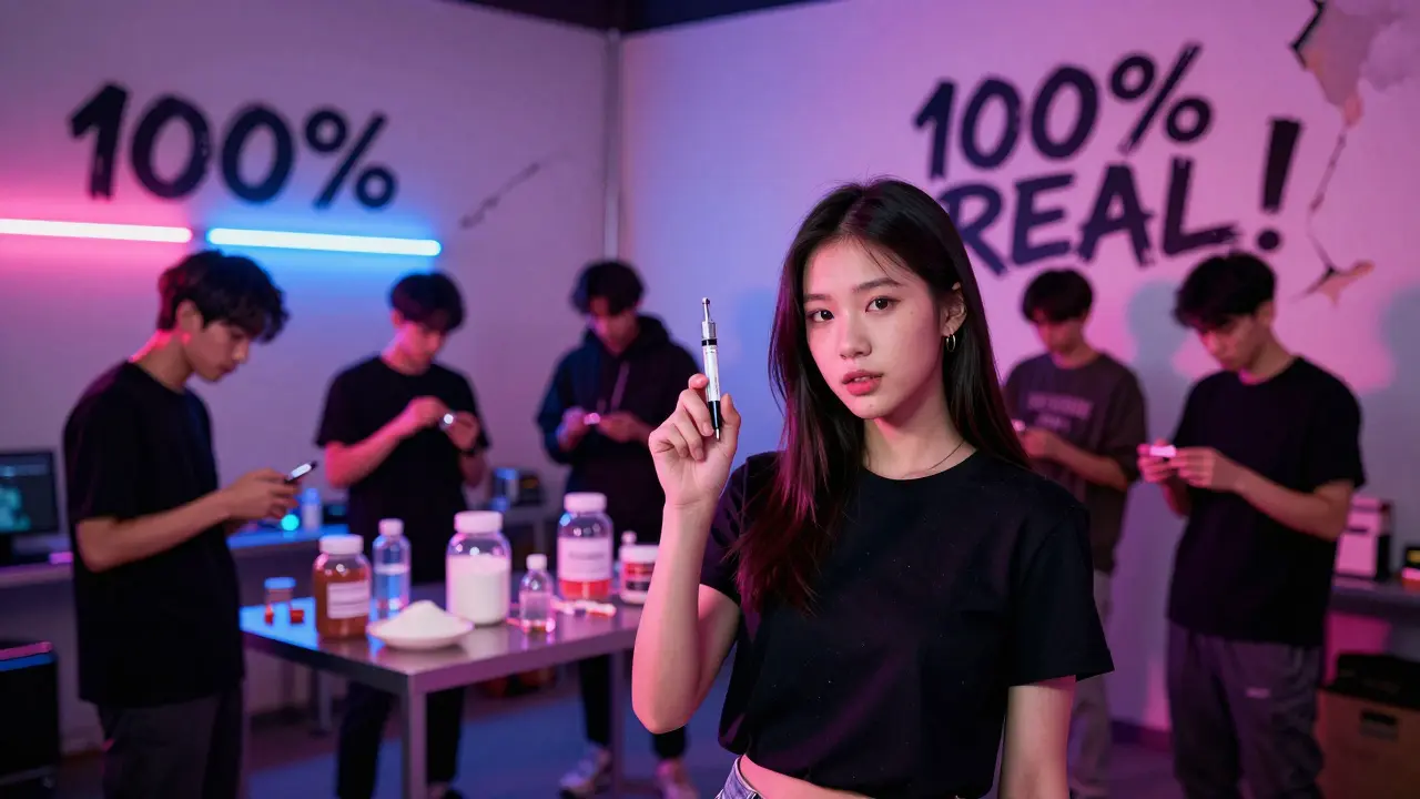 An influencer films a fake ad for counterfeit injections while pills are assembled behind her in shadow.