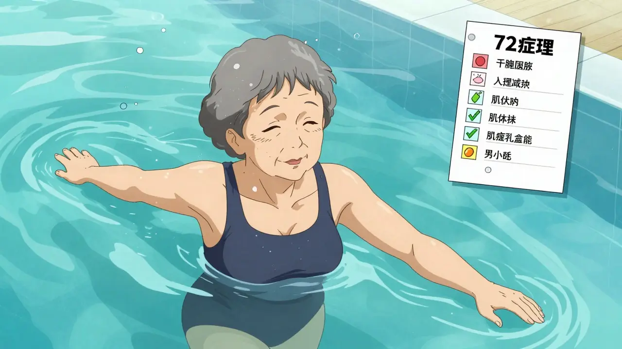 An older woman doing water aerobics, symbolizing low-impact, statin-safe physical activity.