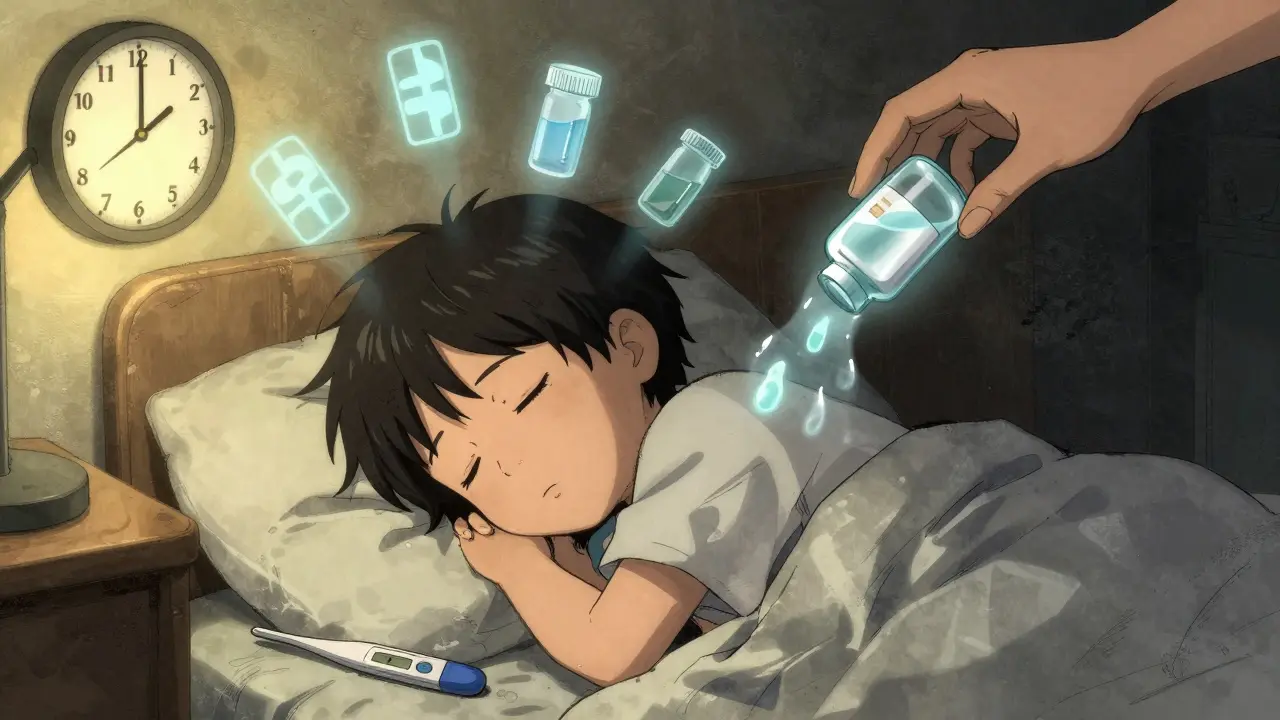 Child sleeps peacefully as clock ticks past 48 hours, antibiotic bottle fading away.